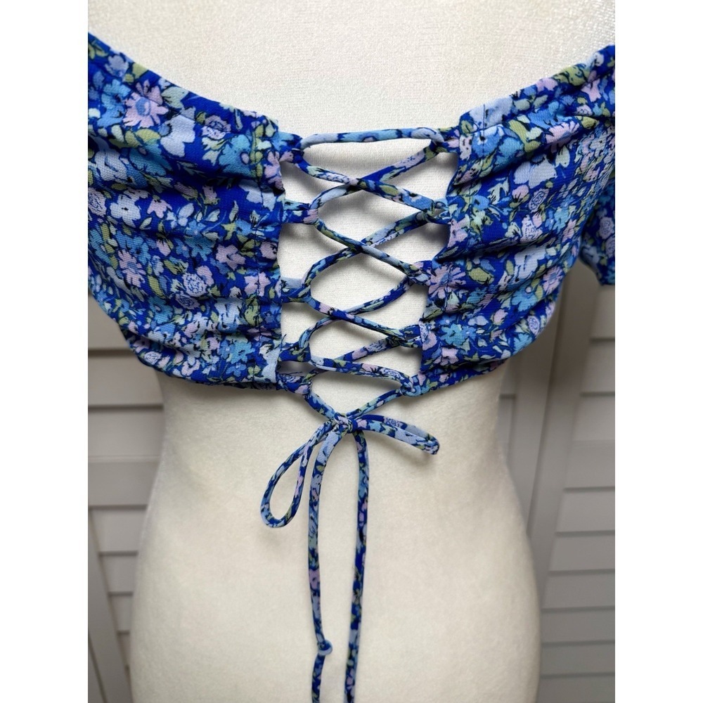 Wild Fable Floral Puff Sleeve Tie Back Crop Top Cottagecore Women's Size Medium - Picture 7 of 10